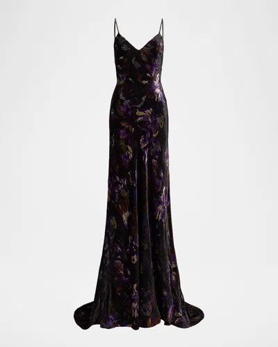Ralph Lauren Shayna Garden Velvet Sleeveless Gown In Brown