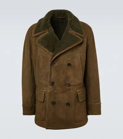 Ralph Lauren Shearling-trimmed Double-breasted Suede Jacket In Brown