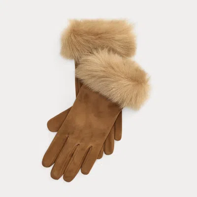 Ralph Lauren Shearling-trim Suede Gloves In Tobacco