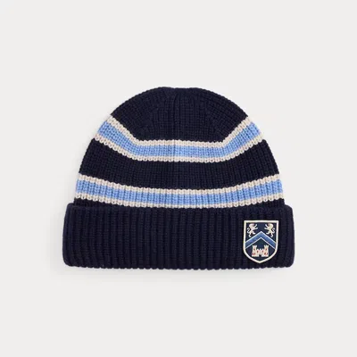 Ralph Lauren Shield-patch Rib-knit Wool Beanie In Blue