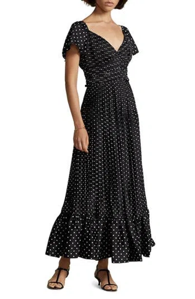 Ralph Lauren Shirred Maxi Dress In Holiday Black Dot Multi