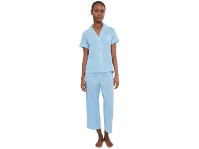 Ralph Lauren Short Sleeve Notch Collar Cropped Pants Pj Set In Blue