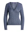 Ralph Lauren Silk Cable-knit V-neck Sweater In Blue