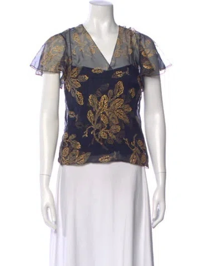 Pre-owned Ralph Lauren Silk Floral Print Blouse In Blue