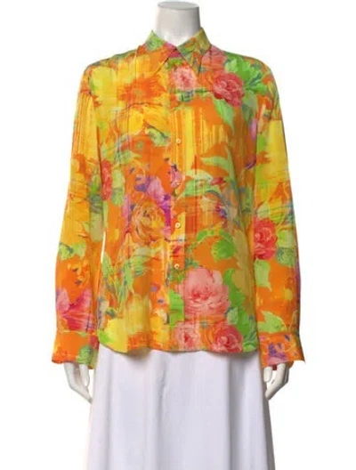 Pre-owned Ralph Lauren Silk Floral Print Blouse In Orange