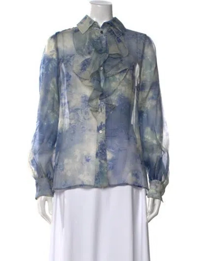 Pre-owned Ralph Lauren Silk Floral Print Blouse W/ Tags In Blue