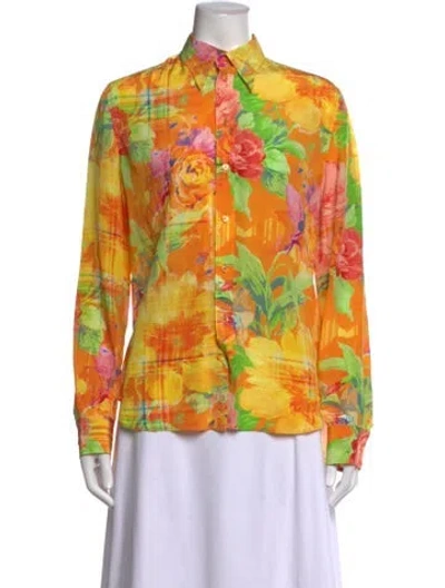 Pre-owned Ralph Lauren Silk Floral Print Blouse In Yellow