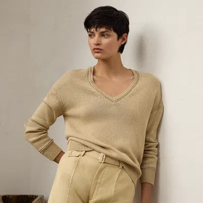 Ralph Lauren Silk Jersey V-neck Sweater In Light Sand