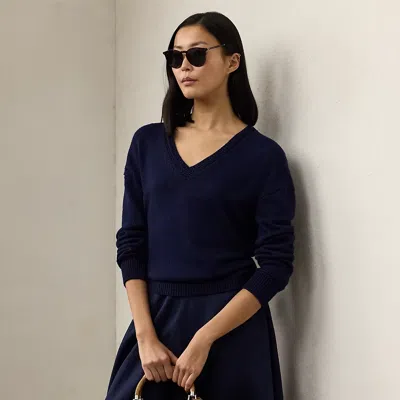 Ralph Lauren Silk Jersey V-neck Sweater In Lux Navy