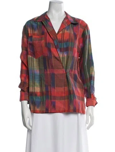 Pre-owned Ralph Lauren Silk Plaid Print Blouse In Red