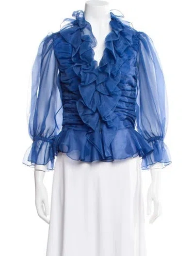 Pre-owned Ralph Lauren Silk V-neck Blouse In Blue