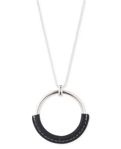 Ralph Lauren Silver-tone Black Leather 36" Adjustable Slider Pendant Necklace In Metallic