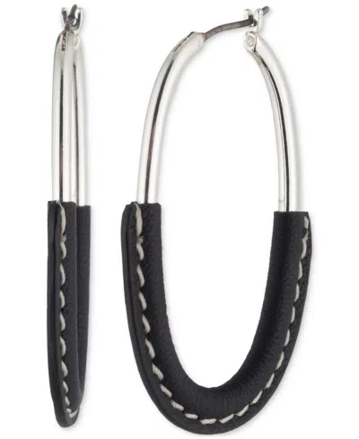 Ralph Lauren Silver-tone Black Leather Wrap Oval Hoop Earrings, 1.4"