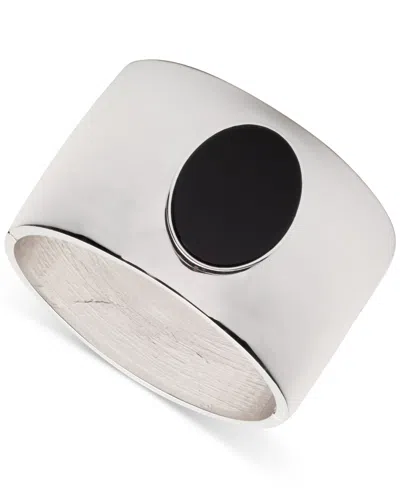 Ralph Lauren Silver-tone Black Stone Polished Wide Bangle Bracelet