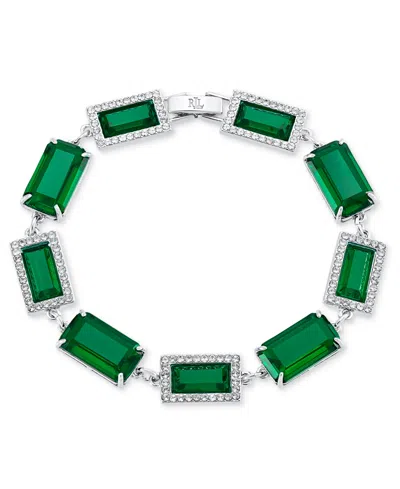 Ralph Lauren Silver-tone Glass Crystal Baguette Flex Bracelet In Green