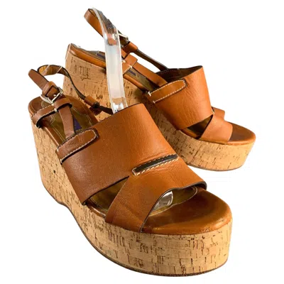 Pre-owned Ralph Lauren Size 10 Tan Natural Leather Platform Sandals In Brown