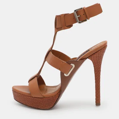 Pre-owned Ralph Lauren Size 37 Brown Leather Ankle Strap Sandals