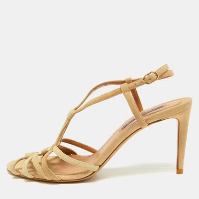 Pre-owned Ralph Lauren Size 37.5 Beige Suede Ankle Strap Sandals