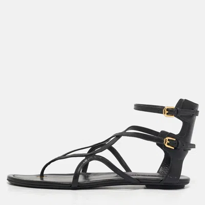 Pre-owned Ralph Lauren Size 38 Black Leather Thong Ankle Strap Sandals