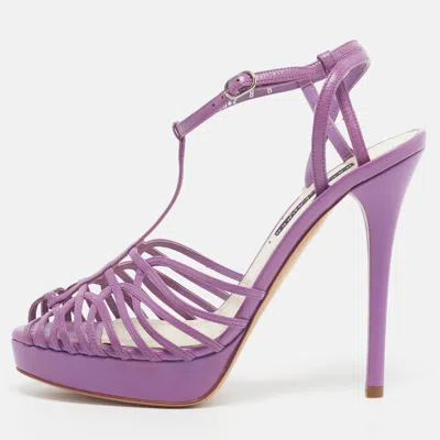 Pre-owned Ralph Lauren Size 38 Purple Leather Ankle Strap Sandals