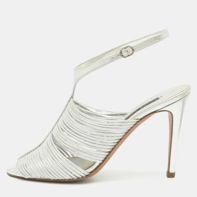 Pre-owned Ralph Lauren Size 38.5 Silver Metallic Leather Strappy Slingback Sandals