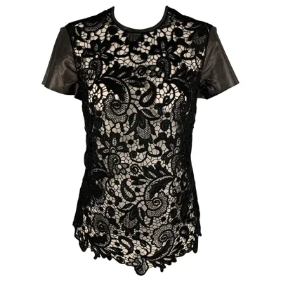 Pre-owned Ralph Lauren Size 4 Black Cotton Lace Contrast Leather Trim Blouse