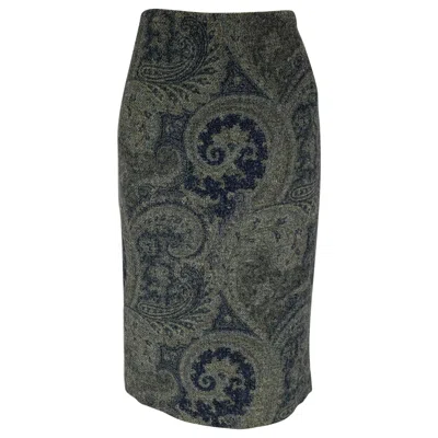 Pre-owned Ralph Lauren Size 4 Blue Grey Wool Paisley Pencil Below Knee Skirt In Gray