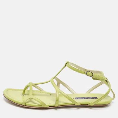 Pre-owned Ralph Lauren Size 40 Lime Green Leather T-strappy Thong Flat Sandals