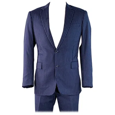 Pre-owned Ralph Lauren Size 42 Long Navy White Pinstripe Wool Notch Lapel Suit