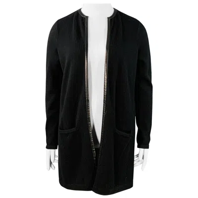 Pre-owned Ralph Lauren Size L Black Cashmere Lambskin Trim Open Front Cardigan