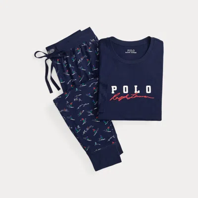 Ralph Lauren Skier-print Jersey Sleep Set In Blue