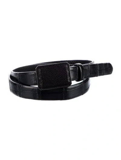 Pre-owned Ralph Lauren Skinny Alligator Waist Belt In Black
