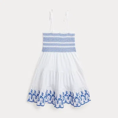 Ralph Lauren Kids' Smocked Eyelet Cotton Jersey Dress In Blue
