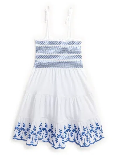 Polo Ralph Lauren Kids' Toddler And Little Girls Smocked Eyelet Cotton Jersey Dress In White Brilliant Sapphire