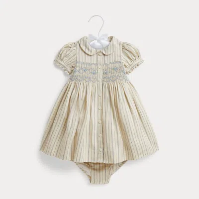 Ralph Lauren Babies' Smocked Linen-cotton Dress & Bloomer In Cream/blue In Multi