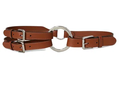 Ralph Lauren Smooth Leather Ring Triple Stripe Belt Women's Belts Lauren Tan/palladium: Xl (40" Waist) In Brown