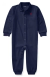 Ralph Lauren Babies'  Solid Cotton Interlock Polo Romper In Blue