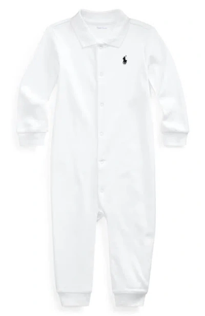 Ralph Lauren Babies'  Solid Cotton Interlock Polo Romper In White