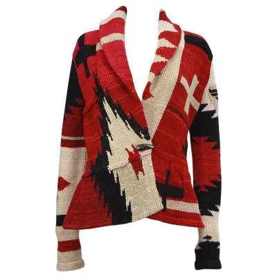 Pre-owned Ralph Lauren Southwest Deep Red Knit Cardigan With Peplum Nwt