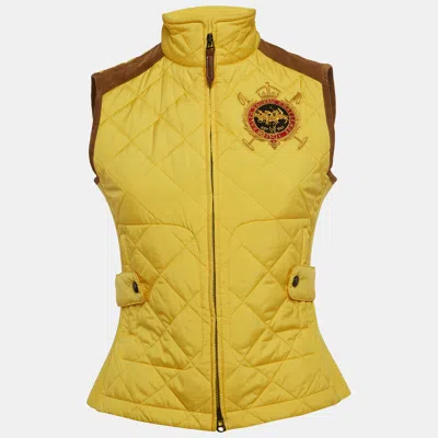 Pre-owned Ralph Lauren Sport Yellow Embroidered Suede Trim Synthetic Quilted Vest S