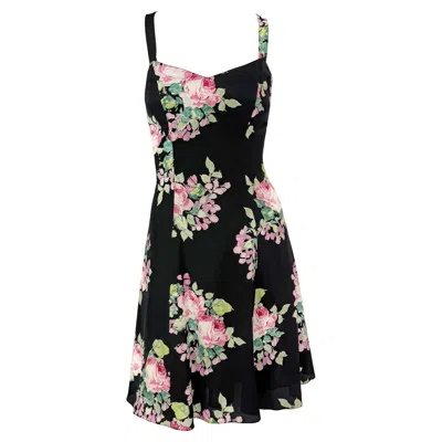 Pre-owned Ralph Lauren S/s 1995  Kate Moss Runway Black Silk Pink Floral Flared Dress Us8