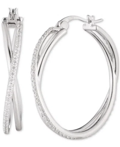 Ralph Lauren Sterling Silver Cubic Zirconia Pave Medium Hoop Earrings, 1.3" In Crystal,silver