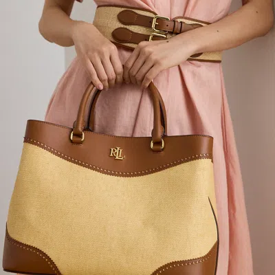 Ralph Lauren Straw & Leather Large Marcy Satchel In Dark Natural/lauren Tan