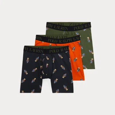 Ralph Lauren Stretch Cotton Boxer Brief 3-pack In Black Orange Drab Bear
