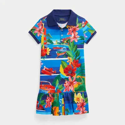 Ralph Lauren Kids' Stretch Mesh Graphic Polo Dress In Blue