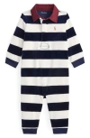 Ralph Lauren Stripe Cotton Blend Velour Romper In Blue