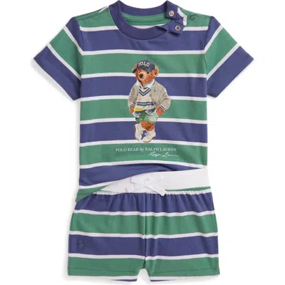 Ralph Lauren Babies'  Stripe Polo Bear Cotton Graphic T-shirt & Shorts Set In Green