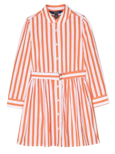 Polo Ralph Lauren Kids' Stripe-print Belted Dress In Orange