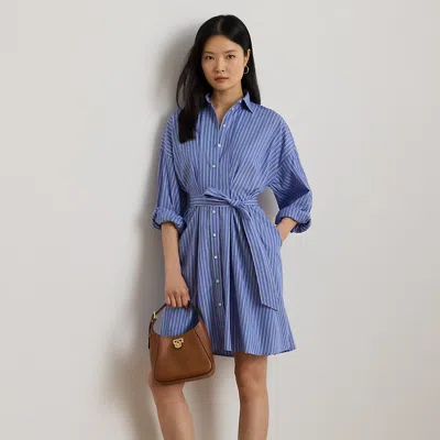 Ralph Lauren Striped Belted Broadcloth Shirtdress In Blue