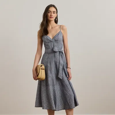 Ralph Lauren Striped Belted Linen Sleeveless Dress